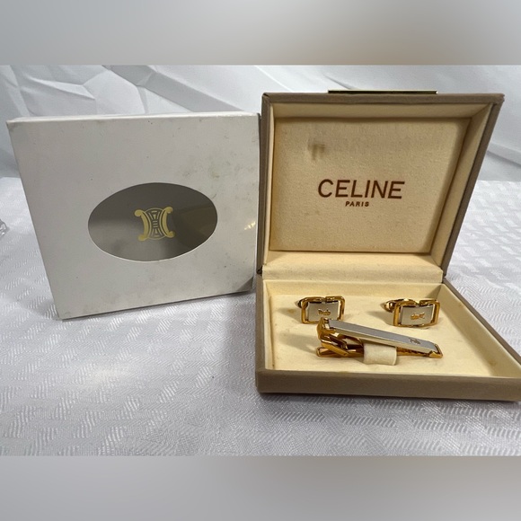 Vintage Celine Y2K Gold Tie Bar & Cufflinks Set Horse Logo - Picture 1 of 6